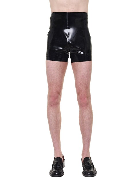 Black High Waist Essential Biker Shorts by HARRI worn by a male model with black shoes