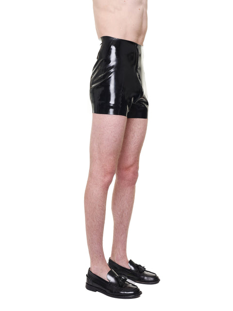 Black High Waist Essential Biker Shorts by HARRI worn by male model with black shoes