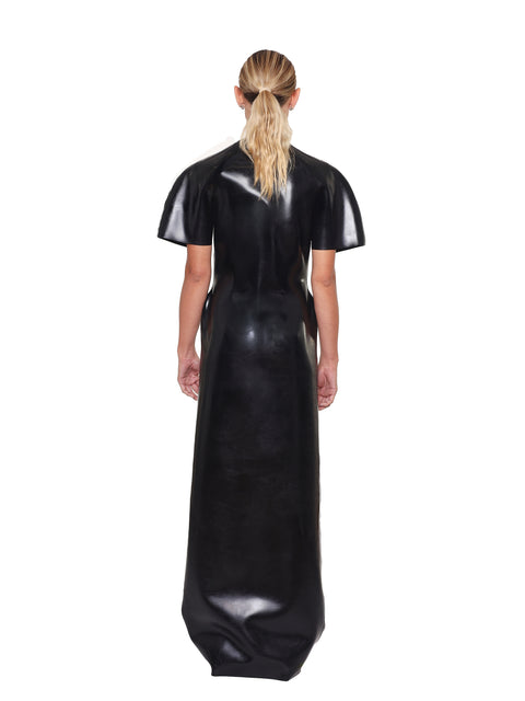Back view of HARRI EXCLUSIVE black maxi evening dress with sculpted bust and short sleeves