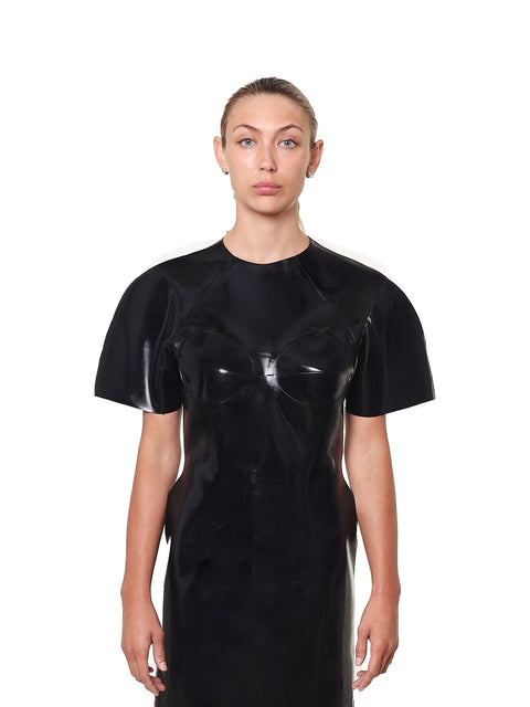 HARRI EXCLUSIVE Black Maxi Evening Dress with Sculpted Bust and unique short sleeve design