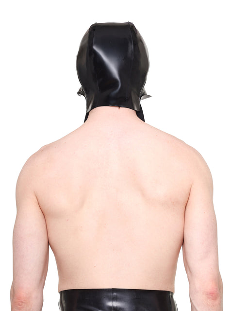 Back view of a person wearing a black scarf cap made of shiny material by HARRI