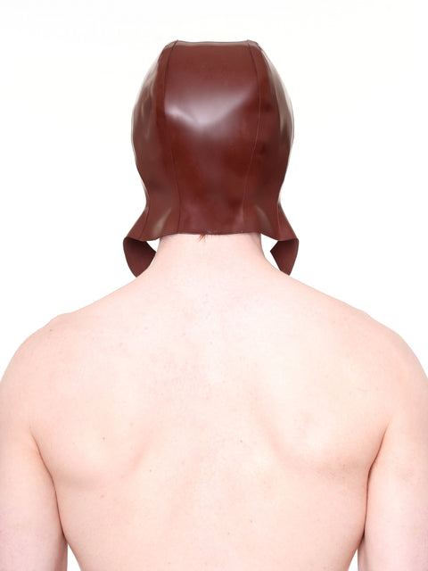 Back view of a person wearing a brown cap with ear flaps made of smooth material by HARRI