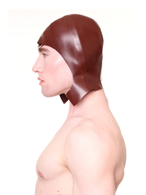 Brown Cap with Ear Flaps made of smooth leather worn by a shirtless male model in profile