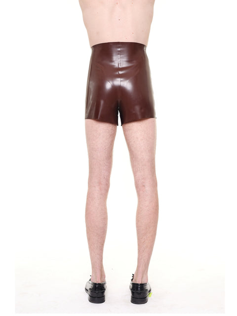 Men wearing HARRI Brown High Waist Essential Biker Shorts shown from the back in a shiny finish