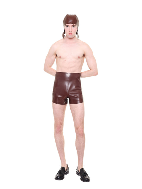 HARRI Brown High Waist Essential Biker Shorts worn by male model with matching brown headwear