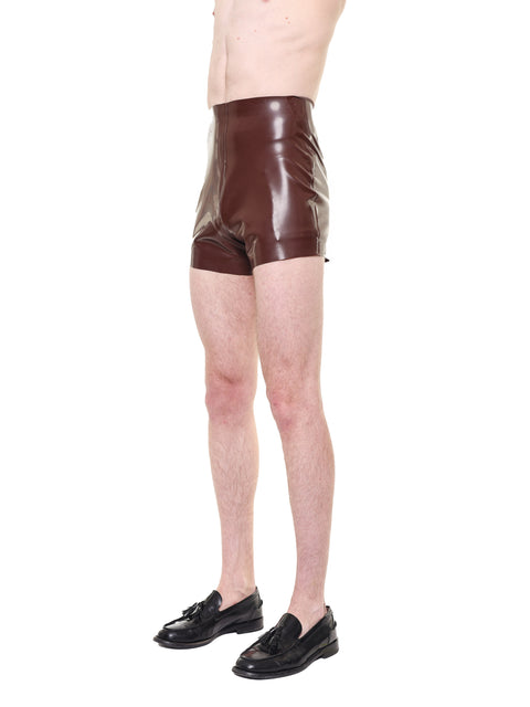 Brown High Waist Essential Biker Shorts by HARRI worn by a male model with black loafers