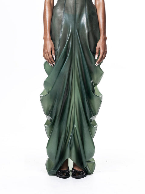 HARRI EXCLUSIVE Green High Neck Draped Maxi Dress featuring flowing ruffle details and elegant silhouette