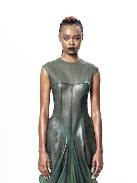 Green High Neck Draped Maxi Dress by HARRI EXCLUSIVE showcased on model with sleeveless design