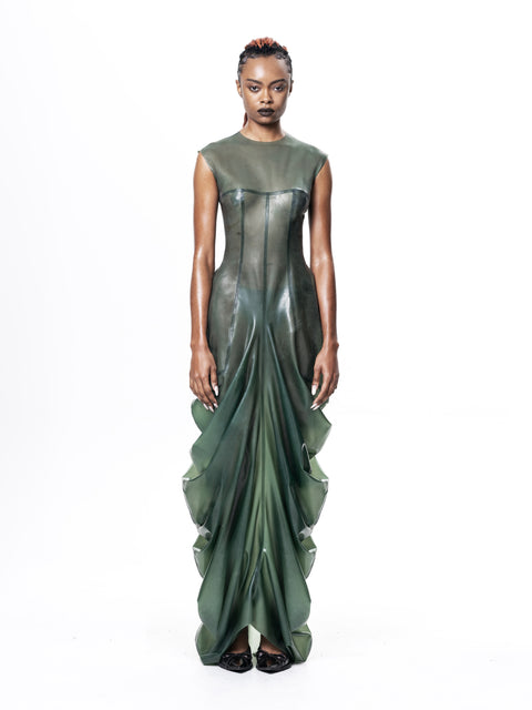 Green High Neck Draped Maxi Dress by HARRI EXCLUSIVE worn by model with ruffle detailing along the sides