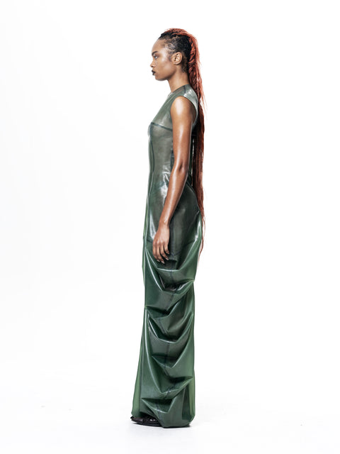 HARRI EXCLUSIVE Green High Neck Draped Maxi Dress worn by model in side view with sleeveless design