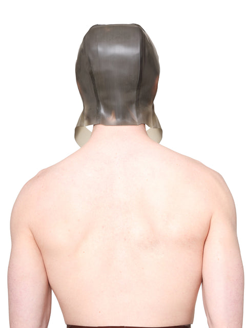 Back view of a person wearing a grey cap with ear flaps made by HARRI