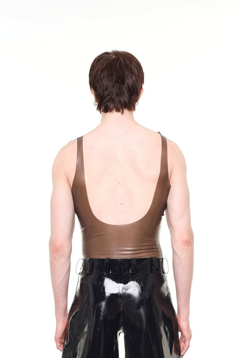 Back view of model wearing HARRI Grey Muscle Fit Sheer Tank Top with low scoop back and black pants