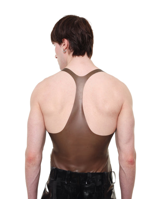 Back view of a man wearing a HARRI Grey Razor Back Sheer Tank Top vest in brown sheer fabric