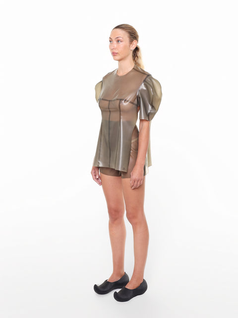 HARRI Grey Short Sleeve Structured Cape Top with puffed sleeves worn by model in black shoes