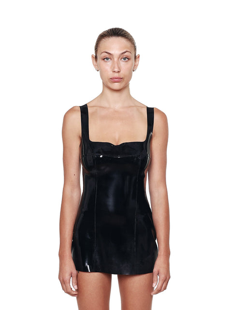 HARRI Little Black Dress with Square Neck made of shiny black material with wide straps
