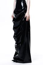 HARRI EXCLUSIVE Black Draped Deflated Maxi Skirt with glossy finish and unique draped design