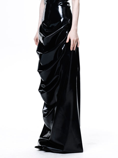 HARRI EXCLUSIVE Black Draped Deflated Maxi Skirt with glossy finish and unique draped design