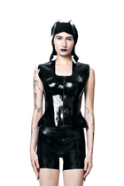Black Fitted Zip-up Vest Top by HARRI made of shiny material with matching shorts and headwear