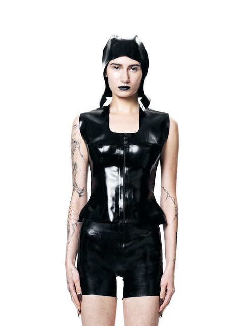Black Fitted Zip-up Vest Top by HARRI made of shiny material with matching shorts and headwear