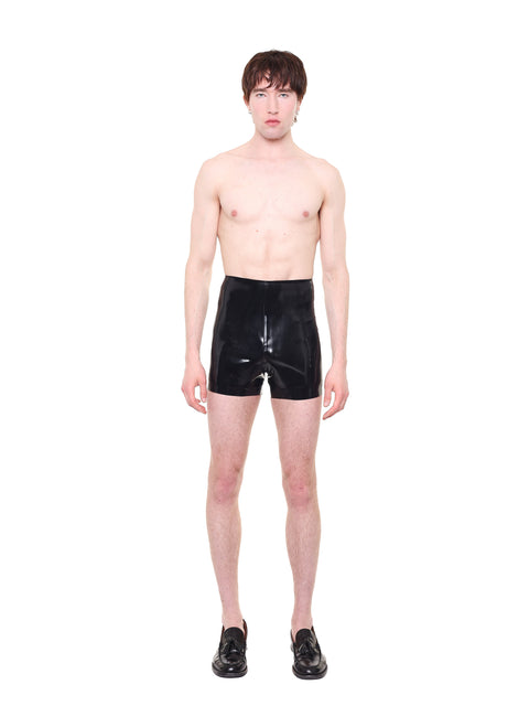 Black High Waist Essential Biker Shorts by HARRI worn by male model with no shirt and black shoes