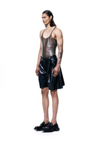 Black Knee Length Pleated Shorts by HARRI worn by male model with tank top and black shoes