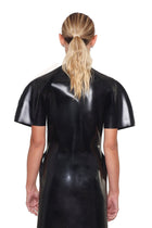 Back view of black maxi evening dress with sculpted bust and short sleeves by HARRI EXCLUSIVE