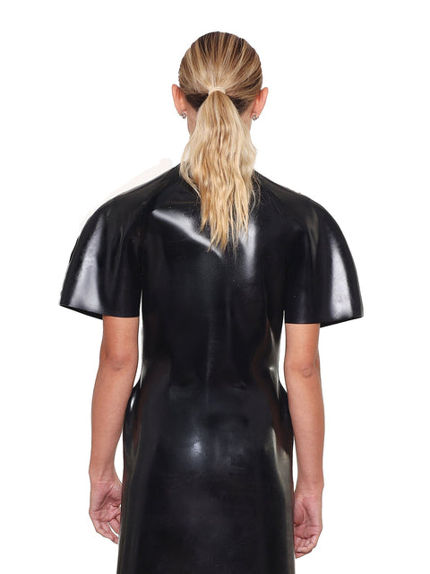 Back view of black maxi evening dress with sculpted bust and short sleeves by HARRI EXCLUSIVE