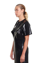 HARRI EXCLUSIVE Black Maxi Evening Dress with Sculpted Bust featuring short sleeves and glossy finish