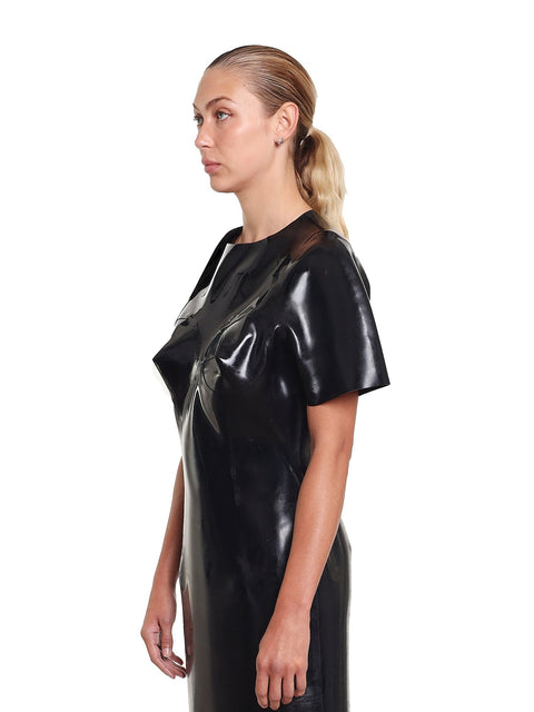 HARRI EXCLUSIVE Black Maxi Evening Dress with Sculpted Bust featuring short sleeves and glossy finish