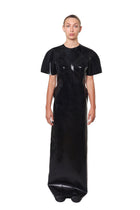 Woman wearing HARRI EXCLUSIVE black maxi evening dress with sculpted bust and short sleeves