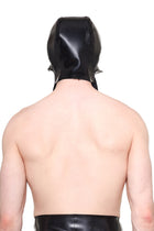 Back view of a person wearing a black scarf cap made of shiny material by HARRI