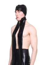 HARRI black scarf cap worn by a male model featuring a sleek, shiny design with long scarf ends