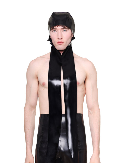 HARRI Black Scarf Cap made of black material worn by male model with long scarf ends