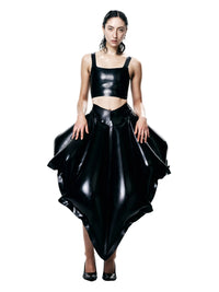 Black V-Waisted Inflatable Midi Skirt by HARRI EXCLUSIVE worn with black crop top and heels