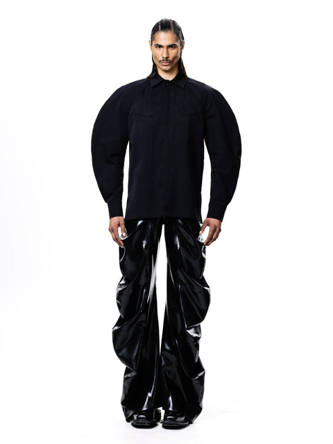 Black Circle Shirt by HARRI London — front view showing geometric circle panel