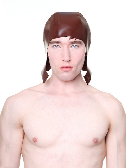 Brown Cap with Ear Flaps made of leather worn by a man shown from the front