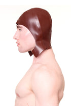 Brown Cap with Ear Flaps made of smooth leather worn by a shirtless male model in profile