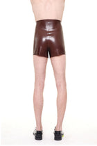 Men wearing HARRI Brown High Waist Essential Biker Shorts shown from the back in a shiny finish