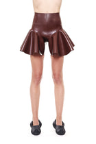 HARRI Brown High Waist Flared Shorts with a shiny finish and unique flared design