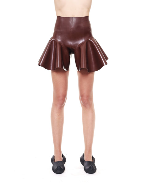 HARRI Brown High Waist Flared Shorts with a shiny finish and unique flared design