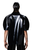 Harri black shiny designer mens t-shirt with short puffed sleeves shown from back