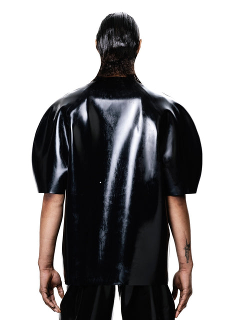 Harri black shiny designer mens t-shirt with short puffed sleeves shown from back