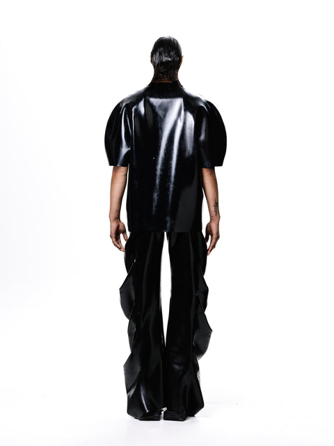 HARRI designer mens t-shirt in glossy black with unique puffed sleeves seen from the back