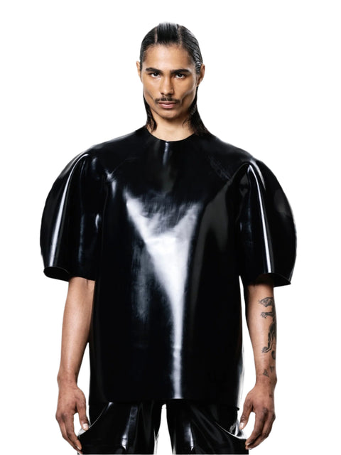 HARRI designer mens t-shirt in glossy black with puffed short sleeves and a sleek modern fit