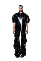 HARRI black shiny designer mens t-shirt with puffed sleeves paired with matching glossy pants