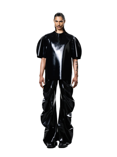 HARRI black shiny designer mens t-shirt with puffed sleeves paired with matching glossy pants