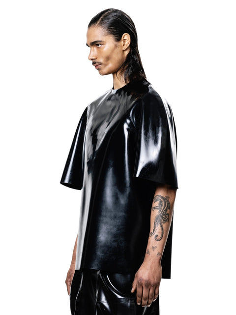 HARRI black shiny avant-garde designer mens t-shirt with oversized fit and short sleeves