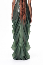 Back view of HARRI EXCLUSIVE Green High Neck Draped Maxi Dress with flowing layered fabric design