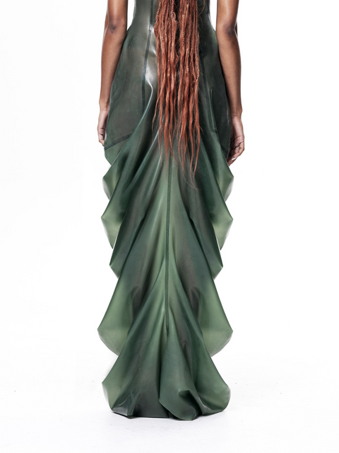 Back view of HARRI EXCLUSIVE Green High Neck Draped Maxi Dress with flowing layered fabric design