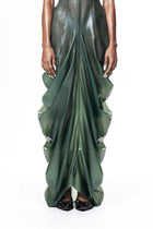 HARRI EXCLUSIVE Green High Neck Draped Maxi Dress featuring flowing ruffle details and elegant silhouette